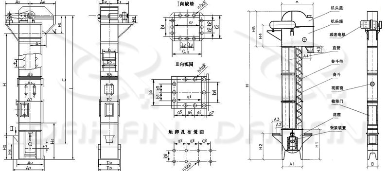 TD/D型斗式提升機基本結(jié)構(gòu):機頭蓋，機頭座，減速電機，直管，底座，緊張裝置等。