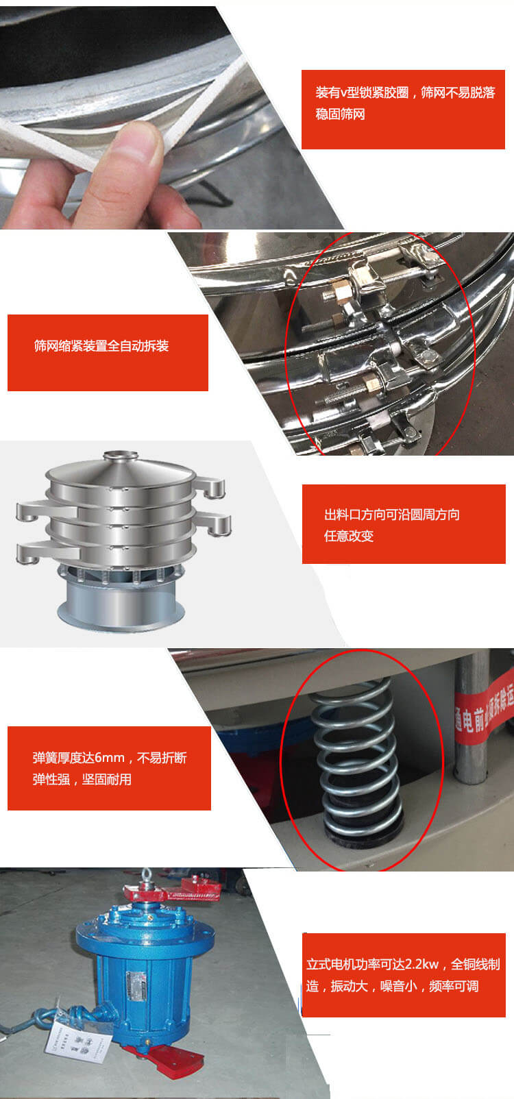 裝有V型鎖緊膠圈，使篩網(wǎng)不易脫落穩(wěn)固篩網(wǎng)，篩網(wǎng)鎖緊裝置，全自動(dòng)拆裝，出料口方向可沿圓周方向任意改變。彈簧厚度達(dá)6mm，不易折斷，彈性強(qiáng)，堅(jiān)固耐用。專業(yè)的振動(dòng)電機(jī)，全銅線制造，振動(dòng)大，機(jī)械噪音小，頻率可調(diào)。產(chǎn)品對(duì)比:材質(zhì)：大漢振動(dòng)篩廠家采用304不銹鋼材質(zhì)耐腐蝕性，耐熱性強(qiáng)。個(gè)別廠家采用其它金屬材質(zhì)，耐腐蝕性，耐熱性差蒸發(fā)緩慢，烘干效率較低。大漢振動(dòng)篩廠家采用金屬編織網(wǎng)，篩分精度高，效率高，篩網(wǎng)利用率高。