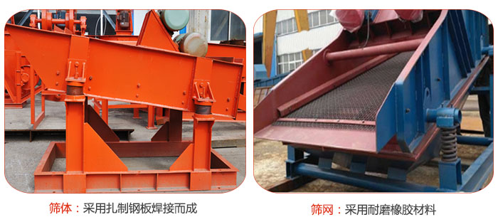 礦用振動篩特點：篩體采用扎制鋼板焊接而成，篩網(wǎng)采用耐磨橡膠材質(zhì)