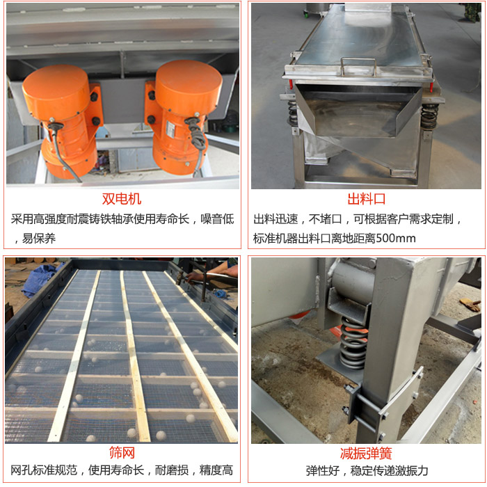 線振動篩配件優(yōu)勢：雙電機采用高強度耐震鑄鐵軸承使用壽命長，噪音低，易保養(yǎng)，出料口：出料迅速，不堵口，可根據(jù)客戶需求定制標準機器出料口離地距離500mm。篩網(wǎng)：網(wǎng)孔標準規(guī)范，使用壽命長，耐磨損，精度高。減震彈簧彈性好，穩(wěn)定傳遞激振力。