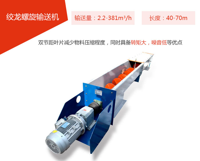 絞龍螺旋輸送機(jī)輸送量：2.2-381m3/h 長度：40-70m 雙節(jié)距葉片減少物料壓縮程度，同時(shí)具備轉(zhuǎn)矩大，噪音低等優(yōu)點(diǎn)。
