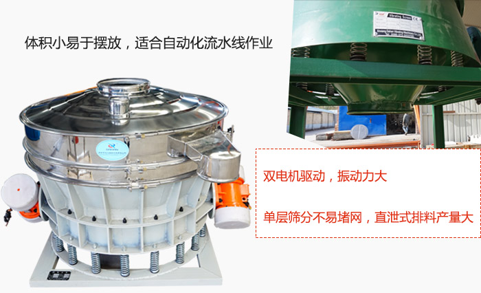 雙電機(jī)驅(qū)動(dòng)，振動(dòng)力大，單層篩分不易堵網(wǎng)，直泄式排料產(chǎn)量大