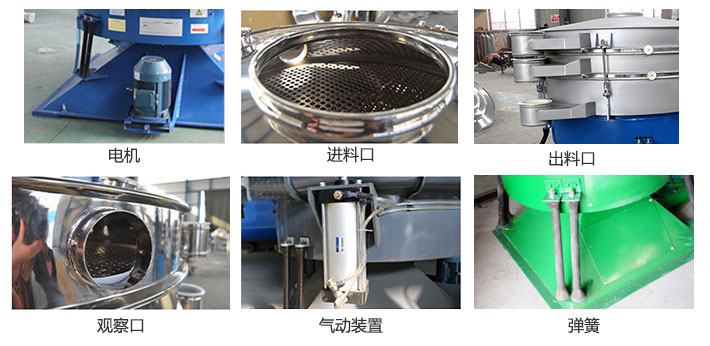 搖擺篩分機(jī)由進(jìn)料口，出料口，觀察口，電機(jī)，彈簧，氣動裝置等部件組成
