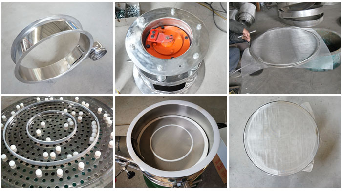 不銹鋼小型振動篩細節(jié)：振動篩篩框，振動電機座，篩網(wǎng)，彈跳球，密封圈，篩網(wǎng)網(wǎng)架。