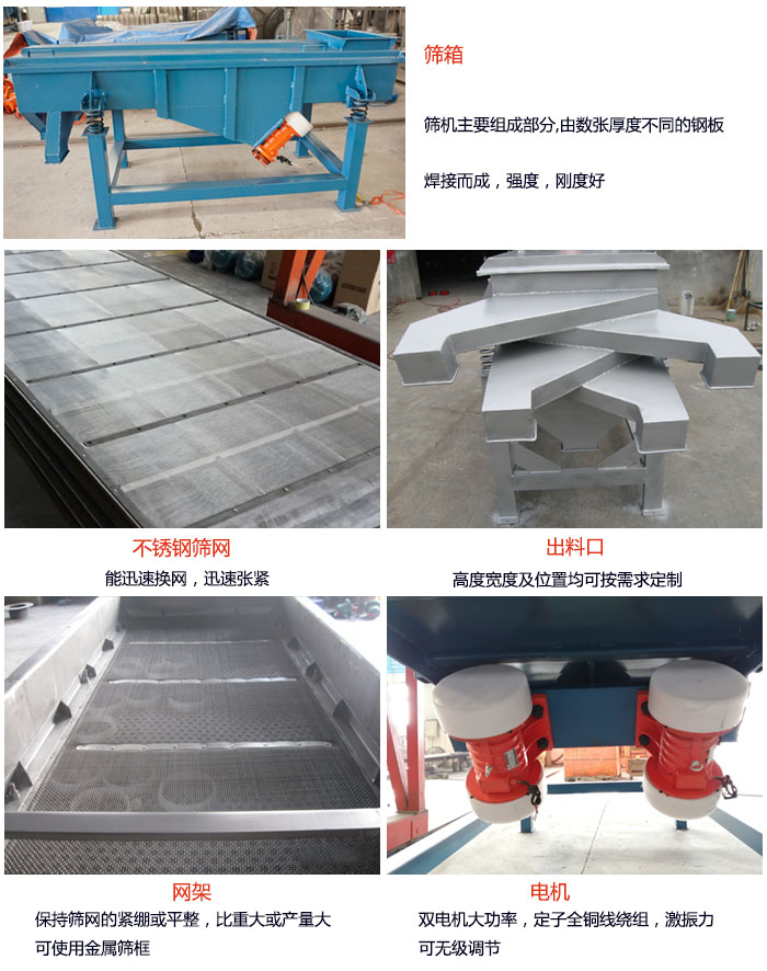 520型直線振動篩結(jié)構(gòu)：篩箱：篩機主要組成部分，由數(shù)張厚度不同的鋼板焊制而成，強度，剛度好。不銹鋼篩網(wǎng)：能迅速換網(wǎng)，迅速張緊。電機：雙電機大功率，定子全銅線繞組，激振力可無極調(diào)節(jié)。網(wǎng)架：保持篩網(wǎng)的緊繃和平整，比重大或產(chǎn)量大時可使用金屬篩框。出料口：高度寬度及位置均可按照用戶的要求來定制。