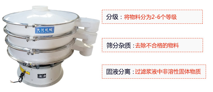 600型聚丙烯振動篩優(yōu)勢：分級：將物料京分為2-6個等級。篩分雜質(zhì)：去除不合格的物料。固液分離：過濾漿液中非溶性固體物質(zhì)。