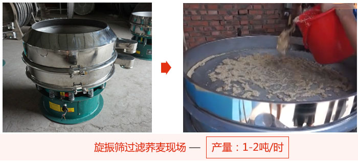 旋振篩過濾蕎麥現(xiàn)場，產(chǎn)量可達2噸每小時。