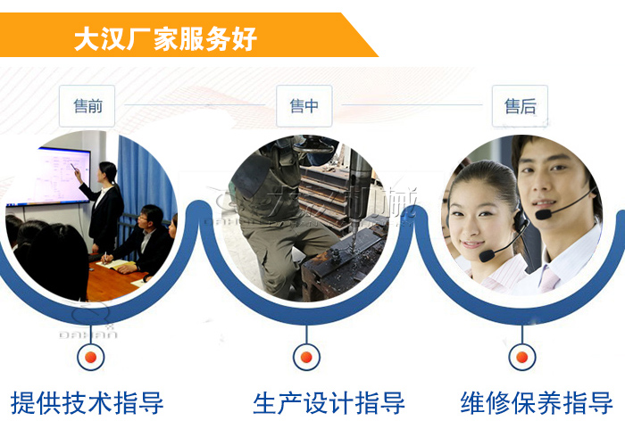 大漢廠家服務(wù)流程：售前-售中-售后：提供技術(shù)指導(dǎo)，生產(chǎn)設(shè)計(jì)指導(dǎo)，維修保養(yǎng)指導(dǎo)。
