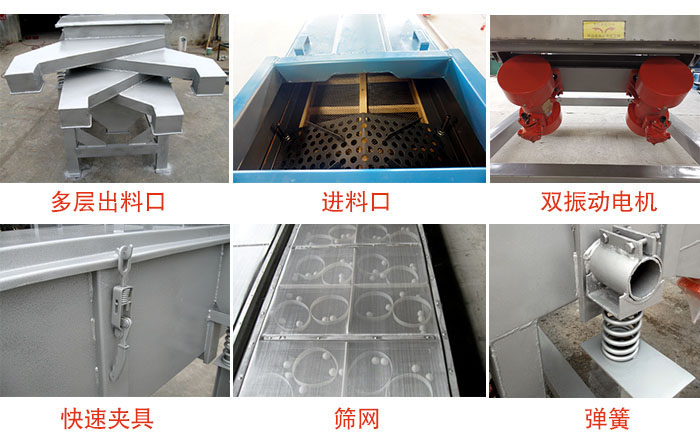 多層直線振動(dòng)篩出料口，篩網(wǎng)，彈簧，快速夾具，振動(dòng)電機(jī)等