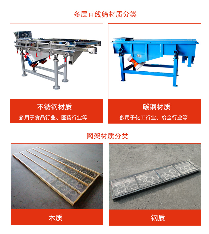 多層直線振動(dòng)篩材質(zhì)有：不銹鋼，碳鋼；網(wǎng)架材質(zhì)有木質(zhì)，鋼質(zhì)等。