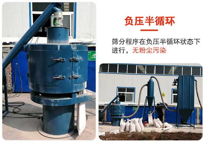 氣流篩負(fù)壓半循環(huán)，篩分程序在負(fù)壓版循環(huán)狀態(tài)下進(jìn)行，無粉塵污染。