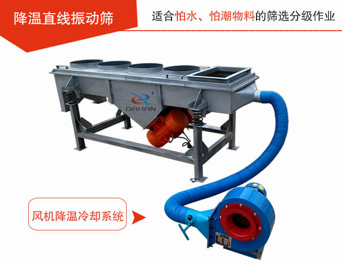 降溫直線振動篩加裝風(fēng)機(jī)或水箱降溫方式完成物料的降溫需求。