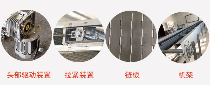鏈板輸送機結(jié)構(gòu)：頭部驅(qū)動裝置，拉緊裝置，鏈板，機架等圖片展示