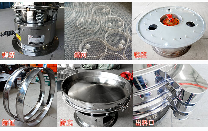 細(xì)節(jié)展示：篩框，篩網(wǎng)，振動(dòng)底座，振動(dòng)體，出料口。