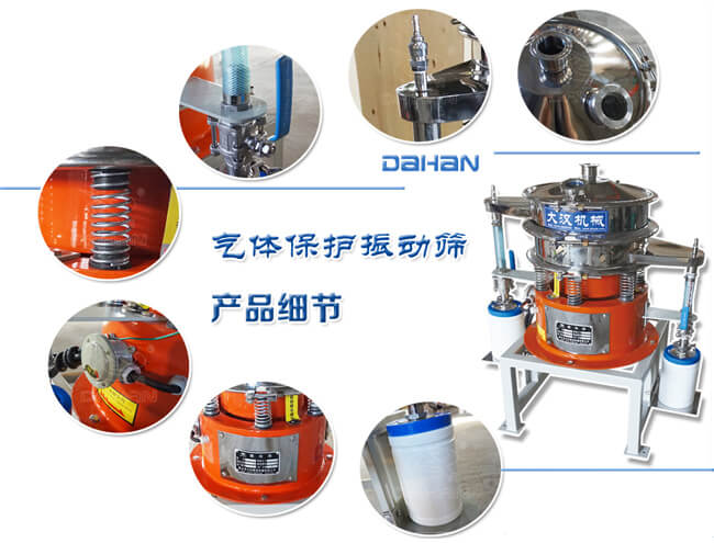 氣體保護(hù)振動(dòng)篩細(xì)節(jié)：振動(dòng)彈簧，手動(dòng)閥門，料罐等。