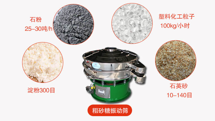 　粗砂糖振動(dòng)篩更多適用范圍:食品行業(yè)，化工行業(yè)，制藥行業(yè)，行業(yè)，冶金行業(yè)等。